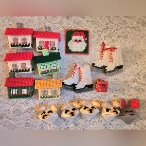 Vintage Plastic Canvas Christmas Ornaments, Whimsical Colorful Ornaments